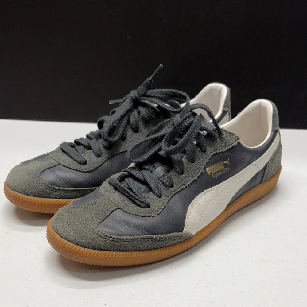 Puma Super Liga Men’s Blue & White Suede & Leather Sneakers with Gum Sole US9